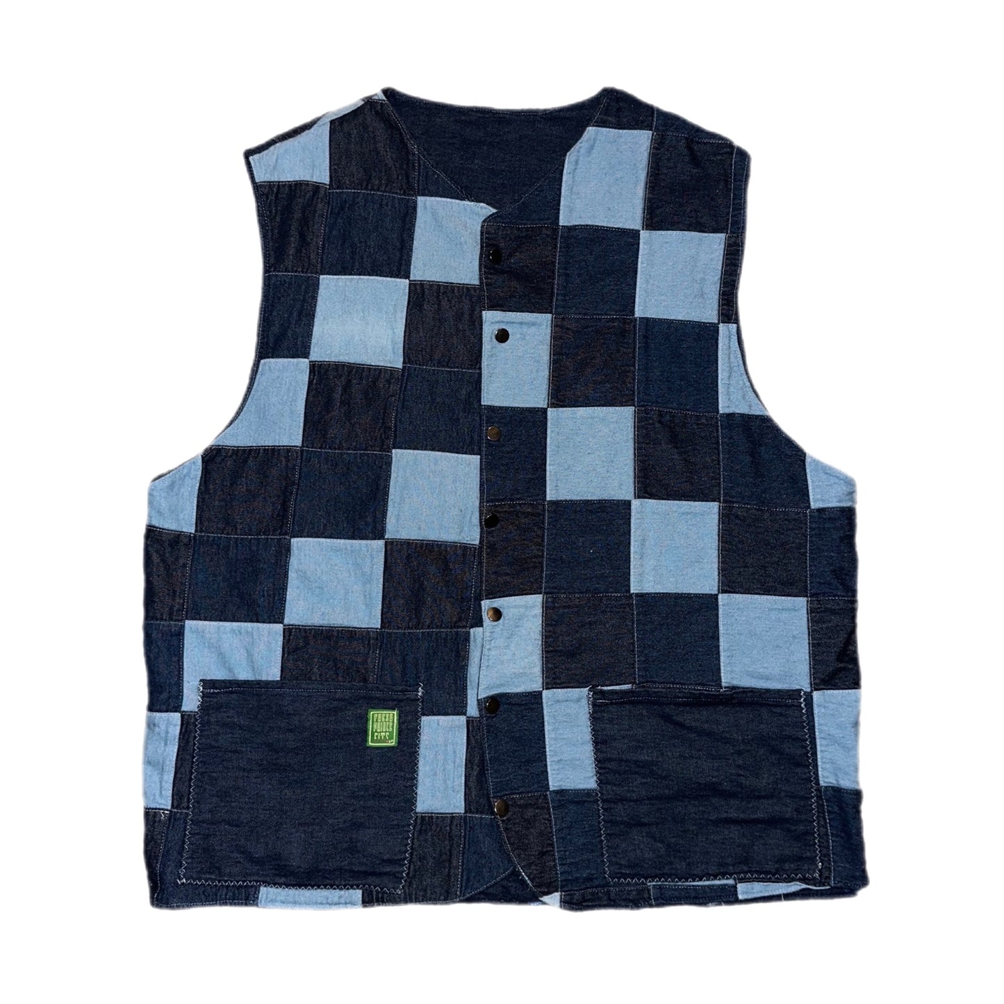 Checkered Patchwork Denim Vest