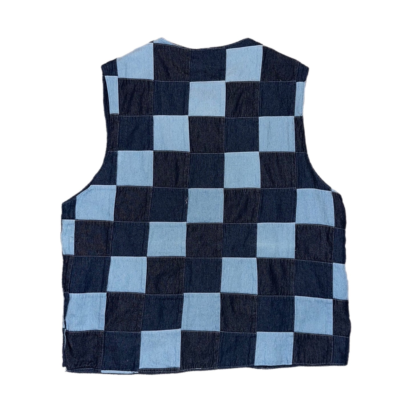 Checkered Patchwork Denim Vest