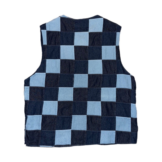 Checkered Patchwork Denim Vest